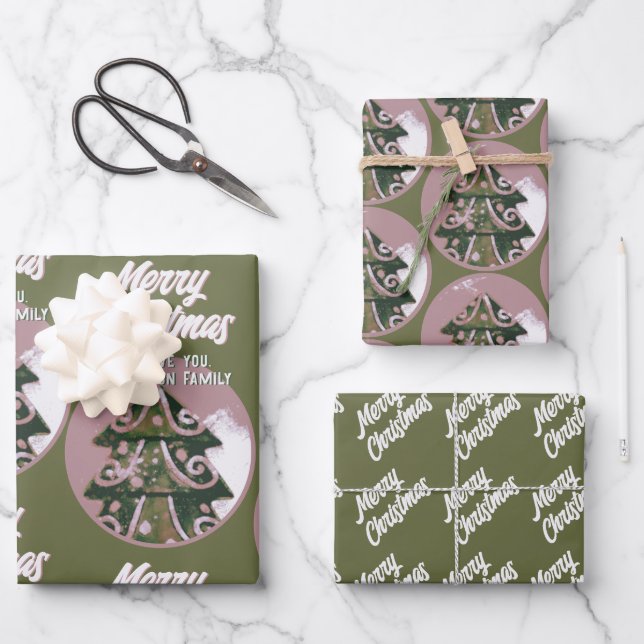 Christmas Tree Artistic Green Pink Merry Script Wrapping Paper Sheets (Front)