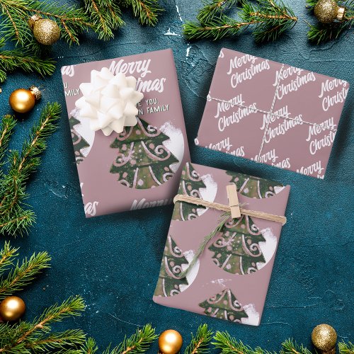 Christmas Tree Artistic Green Pink Merry Script Wrapping Paper Sheets