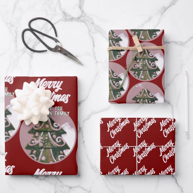 Christmas Tree Artistic Green Pink Merry Script Wrapping Paper Sheets (Front)