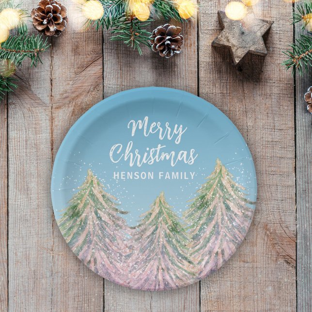 Christmas Tree Artistic Pink Green Watercolor  Paper Plates (Creator Uploaded)