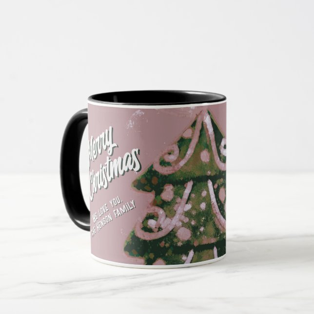 Christmas Tree Artistic Pink Merry Script Family  Mug (Front Left)