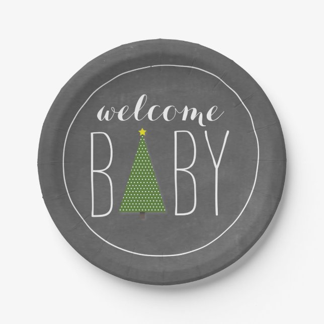 Christmas Tree Baby Shower - Chalk Inspired Paper Plates (Front)