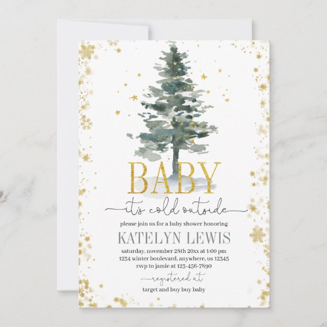 Christmas Tree Baby Shower Invitation Gold (Front)