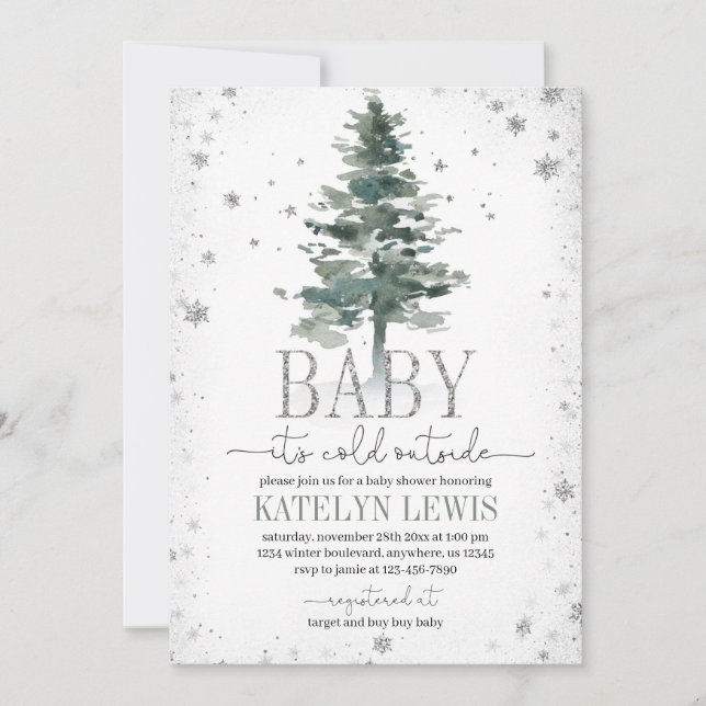Christmas Tree Baby Shower Invitation Silver (Front)