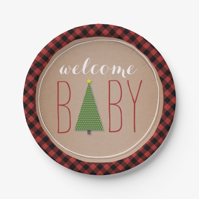 Christmas Tree Baby Shower - Plaid Paper Plates (Front)