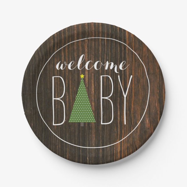 Christmas Tree Baby Shower - Wood Inspired Paper Plates (Front)