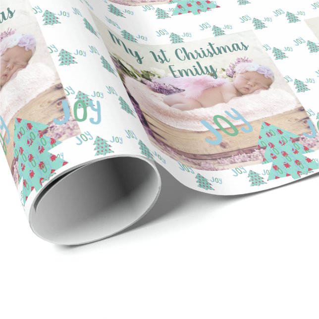 Christmas Tree Babys First PHOTO Gift Turquoise Wrapping Paper (Roll Corner)