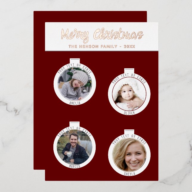 Christmas Tree Balls Red Family Photo Collage Foil Holiday Card (Front/Back)