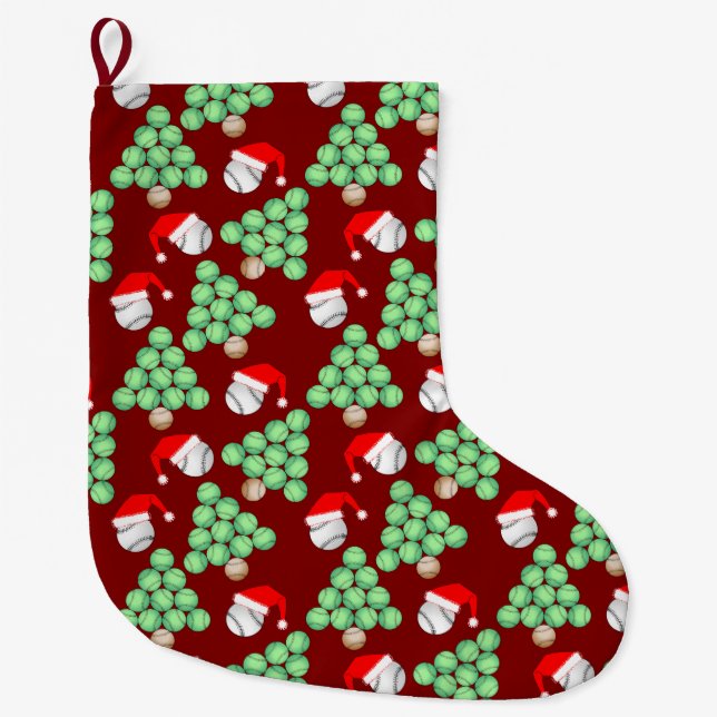 Christmas Tree Baseball Santa Hats Large Christmas Stocking (Front)