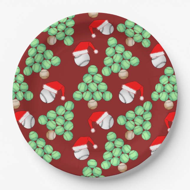 Christmas Tree Baseball Santa Hats Paper Plates (Front)