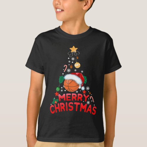 Christmas Tree Basketball Santa Hat  2021 Xmas T_Shirt