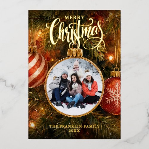 Christmas Tree Baubles Photo Elegant Foil Holiday Card