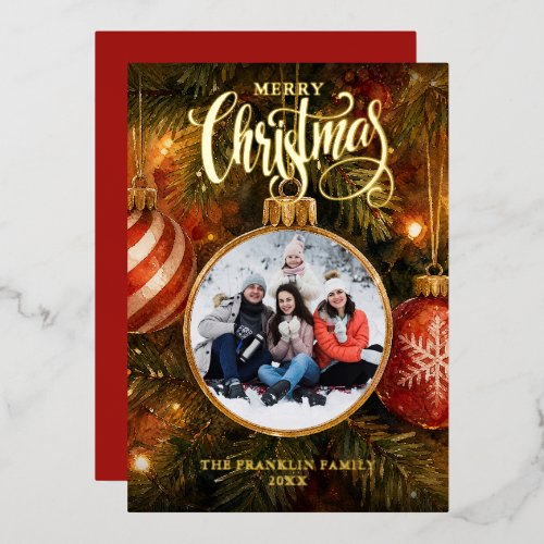 Christmas Tree Baubles Photo Elegant Foil Holiday Card