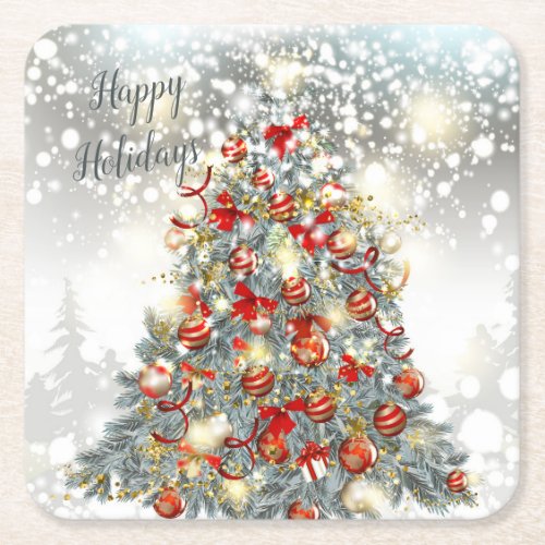 Christmas tree baubles square paper coaster