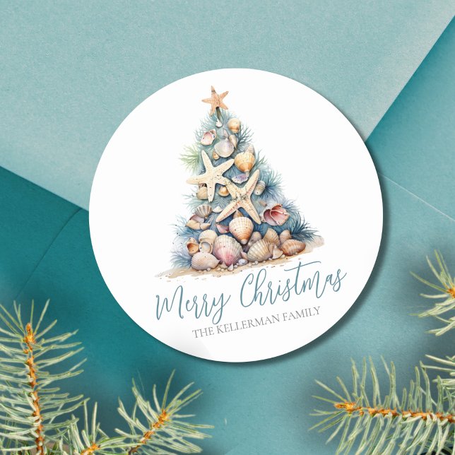 Christmas Tree Beach Classic Round Sticker (Christmas Tree Beach Classic Round Sticker)