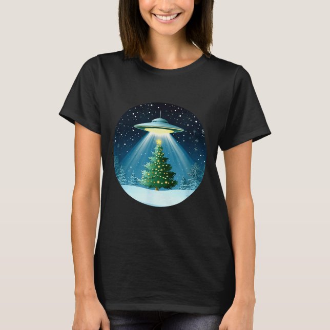 Christmas Tree Beamed By Ufo For Interstellar Holi T-Shirt (Front)