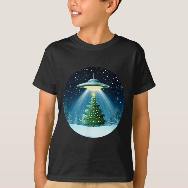 Christmas Tree Beamed By Ufo For Interstellar Holi T-Shirt (Front)