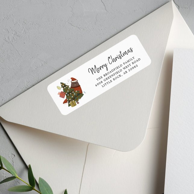 Christmas Tree Bear Modern Script Return Address Label (Christmas We Have Moved Moving Announcement Return Address Label)