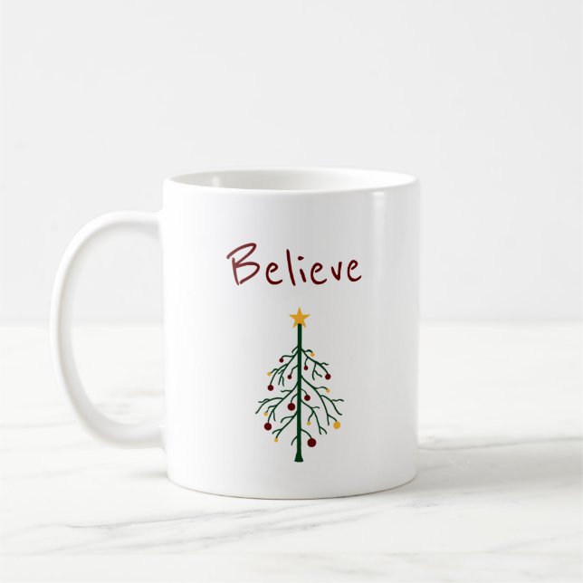 Christmas Tree Believe Cute Typography  Coffee Mug (Left)