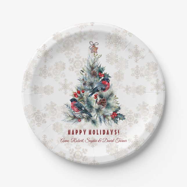 Christmas Tree Berries Holiday Wishes Monogram Paper Plates (Front)