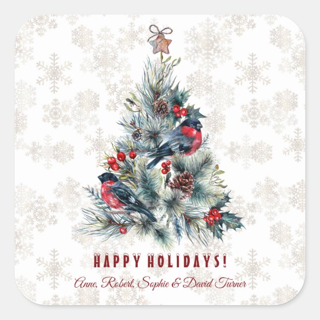 Christmas Tree Berries Holiday Wishes Monogram Square Sticker (Front)