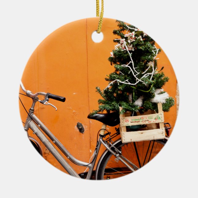 Christmas Tree Bicycle Ceramic Ornament (Front)