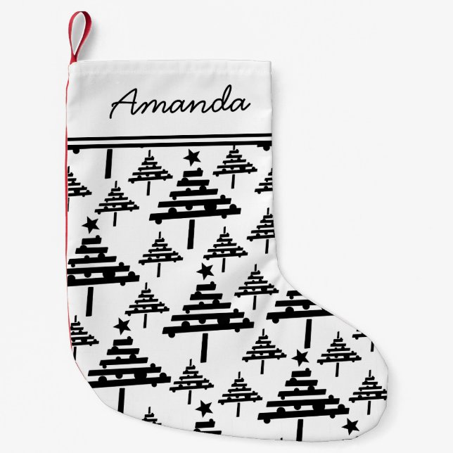 Christmas Tree Black and White Stockings with Name (Front)
