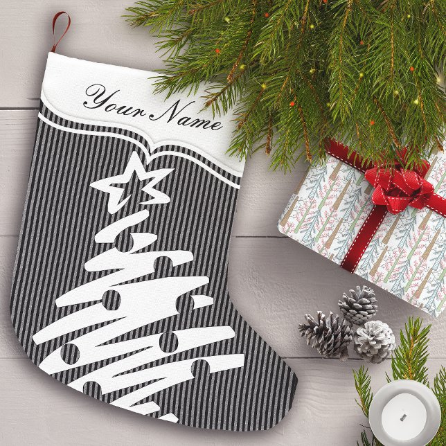 Christmas Tree Black Striped Modern Holiday Large Christmas Stocking (Creator Uploaded)