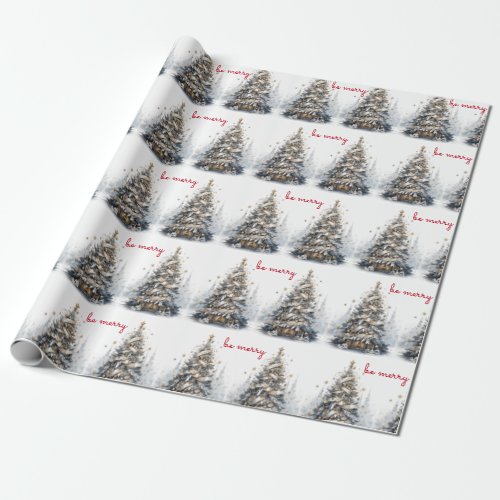 Christmas Tree Blue Gold Satin Be Merry Wrapping Paper