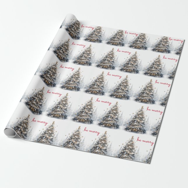 Christmas Tree Blue Gold Satin Be Merry Wrapping Paper (Unrolled)