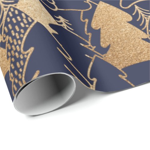 Christmas Tree Blue Navy Gold Fancy Glitter Wood Wrapping Paper