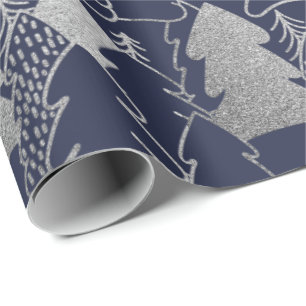 Christmas Tree Blue Navy Silver Gray Glitter Wood Wrapping Paper