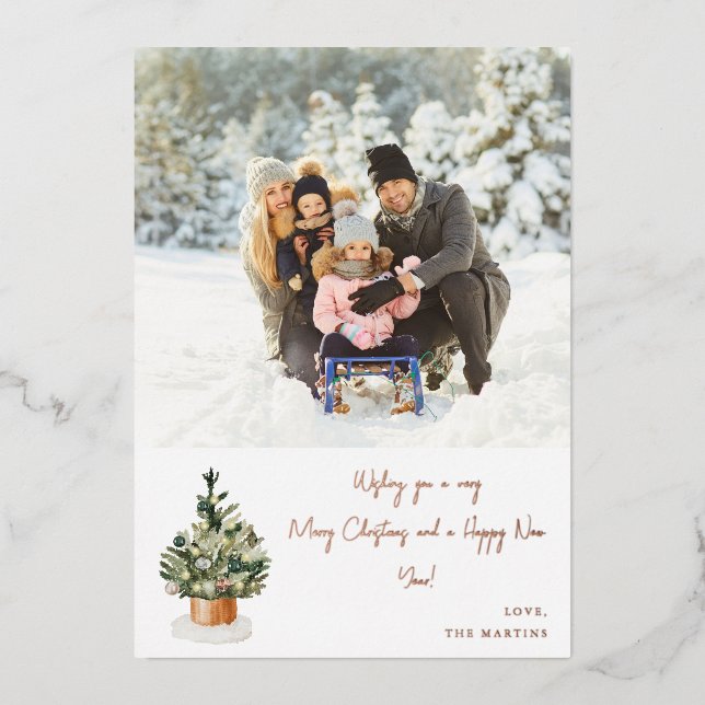 Christmas Tree - Blue Note Photo Christmas Foil Invitation (Front)