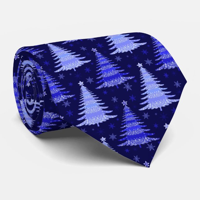Christmas Tree Blue Pattern Design Neck Tie (Rolled)