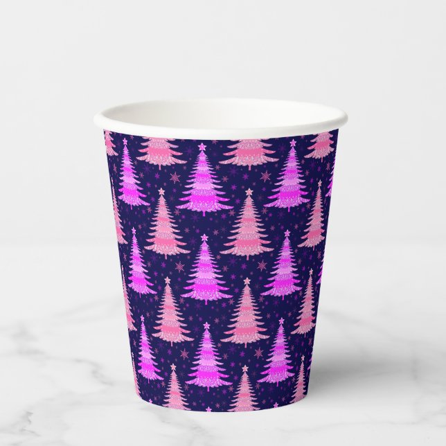 Christmas Tree Blue Pink Pattern Design Paper Cups (Front)
