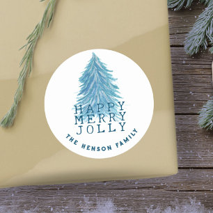 Christmas Tree Blue Watercolor Holiday Classic Round Sticker