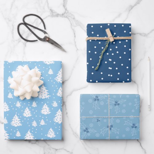 Christmas Tree Blue White Pattern Wrapping Paper Sheets