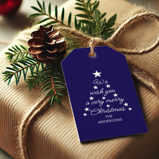 Christmas Tree Blue White Stars & Name Typography Gift Tags