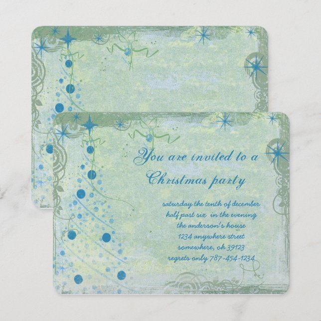 Christmas Tree Blues Grunge Party Invitation (Front/Back)