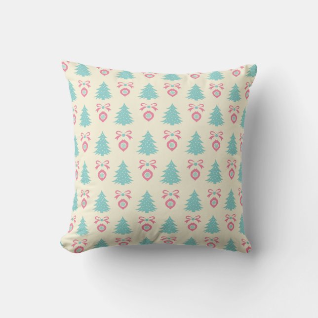 Christmas Tree, Bow & Bauble Pattern Pastel Colors Throw Pillow (Front)