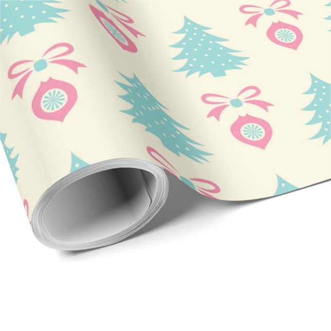 Christmas Tree, Bow & Bauble Pattern Pastel Colors Wrapping Paper (Roll Corner)