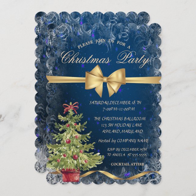 Christmas Tree,Bow,Blue Corporate Party Invitation (Front/Back)