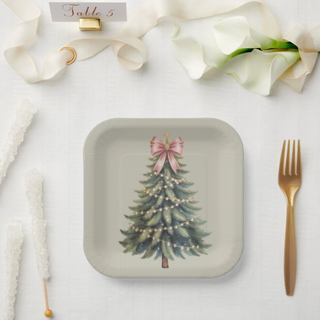 Christmas Tree Bow Coquette Xmas Paper Plates (Wedding)