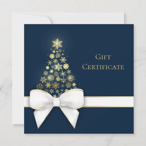 Christmas Tree Bow Gold Snowflakes Blue Gift Card