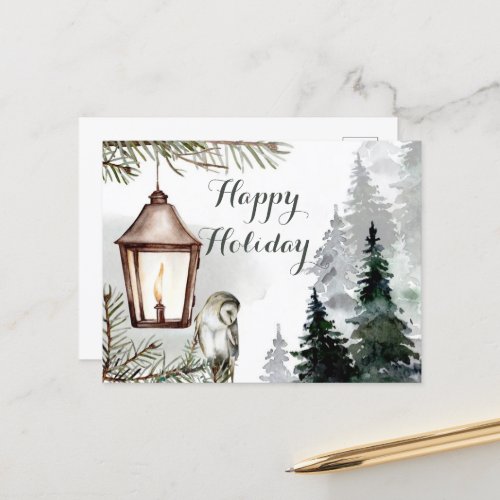 Christmas tree branch a lantern with a candle holiday postcard