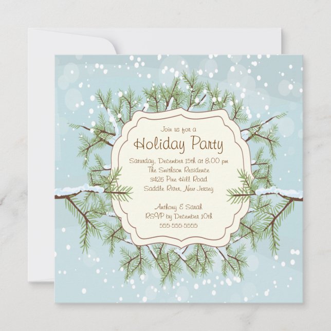 Christmas Tree Branch Snowflakes Holiday Party Invitation (Front)
