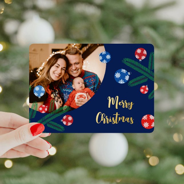 Christmas tree branch with snowflake decorations foil holiday card (Christmas tree branch foil card with your photo and text)