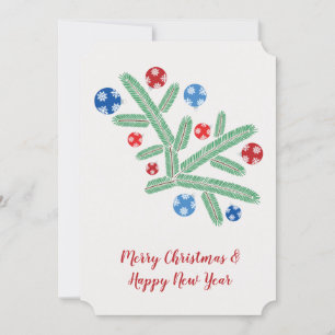 Christmas tree branch with snowflake decorations holiday card