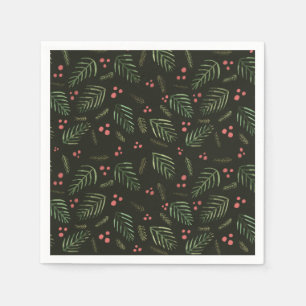 Christmas tree branches and berries - dark green napkins