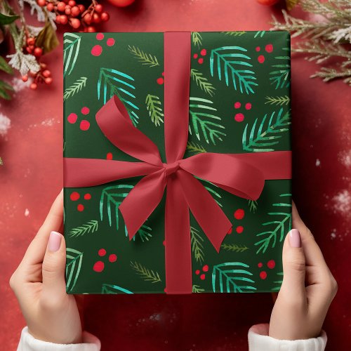 Christmas tree branches and berries _ dark green wrapping paper sheets